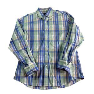 Charleston Threads Plaid Button Down Shirt Mens L 100% Cotton Blue Green Casual